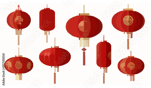 Luxury Chinese New Year lantern vector set realistic glowing red festival lamps isolated on white background