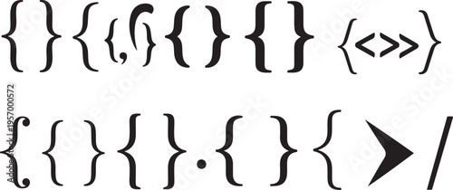 Black curly braces and punctuation symbols on white background