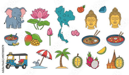 Thailand tourism doodle vector sticker set with elephant lotus Buddha and tropical travel elements isolated