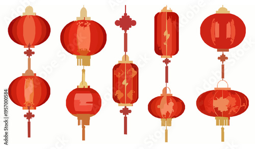 Realistic Chinese red lantern set with golden tassels festive Asian decoration vector isolated for Lunar New Year celebration