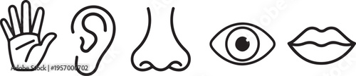 Five Senses Outline Icons Collection – Touch, Hearing, Smell, Sight, Taste Symbols -  Line Art Human Body Parts Icons – Hand, Ear, Nose, Eye, Mouth