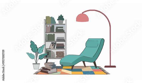 Modern cozy reading corner vector illustration with armchair books plant and lamp isolated minimalist home decor design