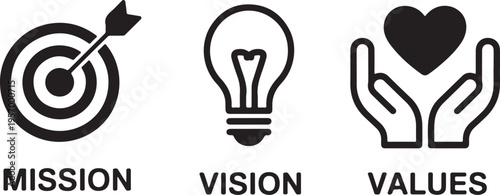 Corporate Mission Vision Values Symbols – Target, Idea, Care Line Icons - Company Core Values Icons Set – Goal, Innovation, Trust Vector Pack
