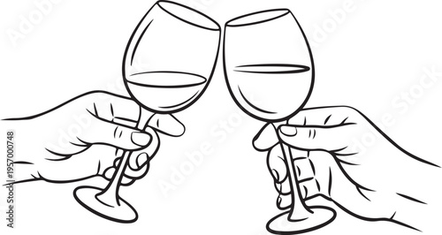 Wine Glass Cheers Icon – Romantic and Party Concept Vector - Celebration Toast Line Art – Hands with Wine Glasses Illustration