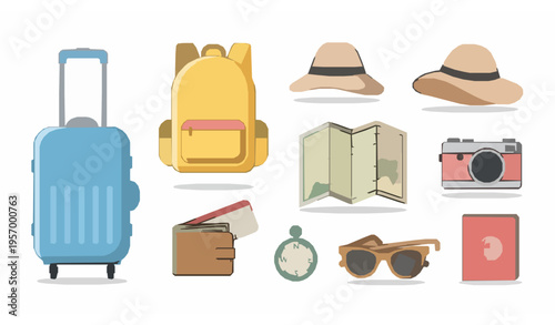 Cute travel essentials vector collection with luggage backpack and vacation accessories isolated illustration