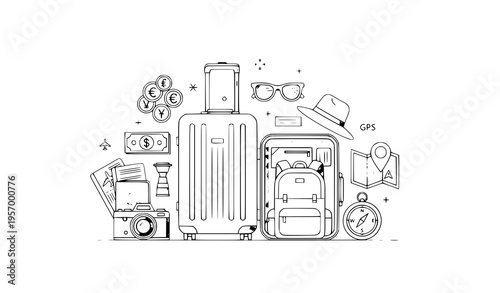 Modern travel gear vector set with luggage documents and vacation accessories flat design isolated on white