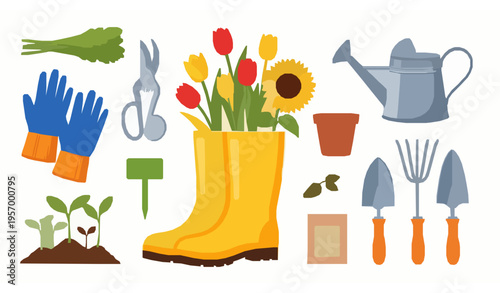 Cute gardening equipment and spring flower vector collection with seedling tools isolated illustration