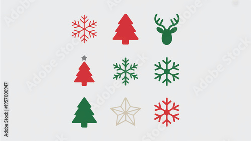 Christmas icons including trees snowflakes and reindeer head on gray background