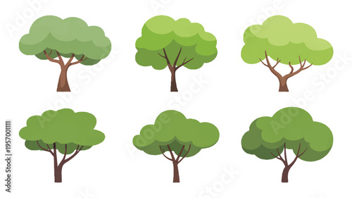 Collection of cartoon trees with green leaves and brown trunks on white background