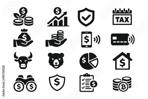 Icons representing various financial and investment concepts