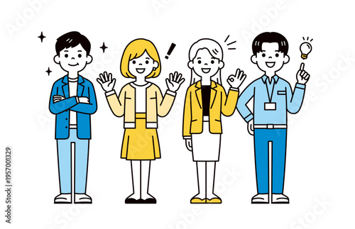 トラブル解消した、複数の社員・スタッフ・ビジネスパーソンの全身ベクターイラスト素材セット