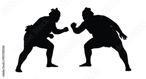Two sumo wrestlers in a fighting stance a dynamic silhouette