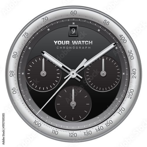 Realistic black silver clock watch face chronograph luxury on white background vector