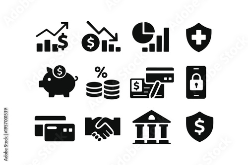 Diverse icons representing financial and economic concepts and security