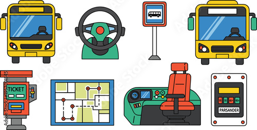 Public Transport and Bus System Icon Set with Tickets Steering Wheel Route Map Driver Seat and Passenger Card Vector Illustration Isolated on White Background