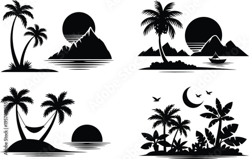 Four black and white tropical landscape illustrations: mountains, sailboat, hammock, and moonlit jungle