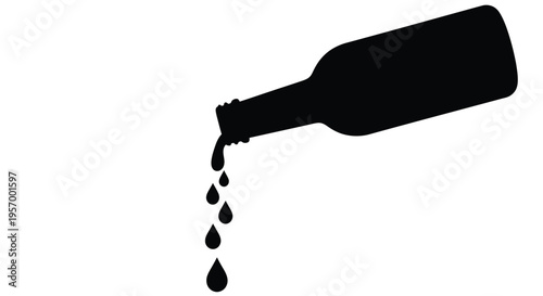 Pouring liquid from a bottle dripping drops stark black silhouette