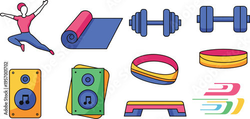 Fitness and Workout Icon Set with Yoga Exercise Equipment Dumbbells Resistance Bands Aerobics and Active Lifestyle Elements Vector Illustration Isolated on White Background