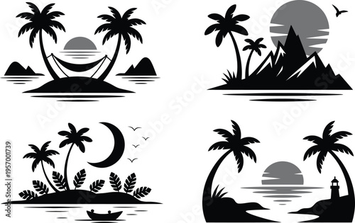Collection of tropical island silhouettes featuring palm trees, mountains, hammocks, and moonlit nights. Minimalist black and white vector graphics for travel and leisure