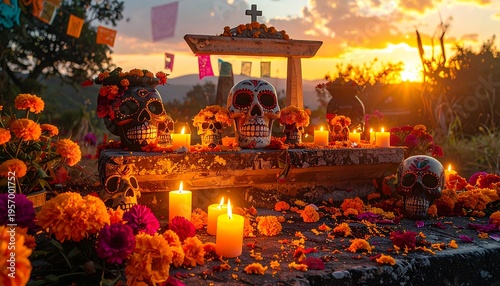 Day of the Dead Altar with Marigolds and Candles at Sunset.