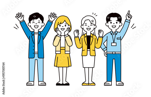 嬉しそうに喜ぶ、若い男女・会社員・ビジネスパーソンのシンプルな全身ベクターイラスト素材セット