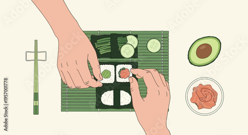 Top view illustration of hands preparing fresh handmade sushi on a bamboo mat with ingredients