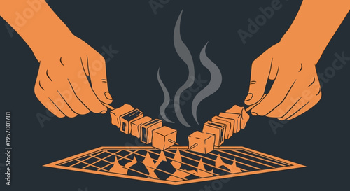"Vector Illustration of Hands Grilling Meat Skewers on Fire Grill for BBQ and Yakitori Concept"