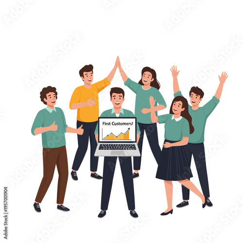 Diverse Team Celebrating Business Growth with Laptop Showing Upward Trend