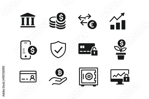 Icons representing various aspects of modern financial management and digital transactions