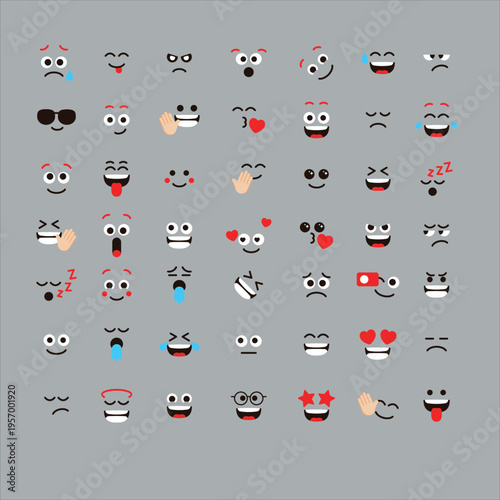 Emoji with different emotion mood, happy, sad, smile face. Comic line art vector illustration