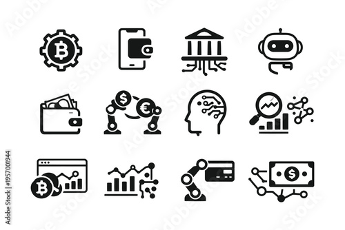 Icons representing various aspects of modern finance and digital technology