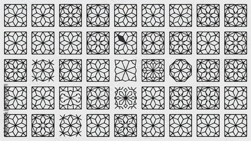 Collection of various geometric patterns on square tiles with floral designs