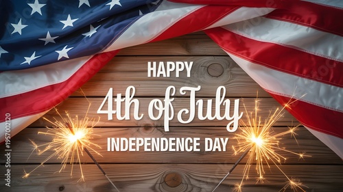 Happy 4th of July Independence Day Celebration with American Flag and Sparklers on Wooden Background