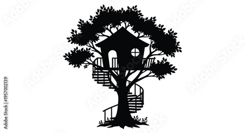 Charming treehouse nestled within lush foliage a striking silhouette