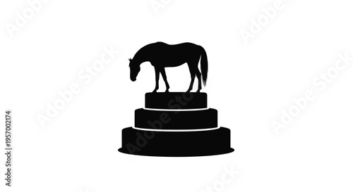 A black horse stands proudly on a tiered pedestal silhouette