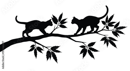 Two cats perched on a branch detailed black form silhouette