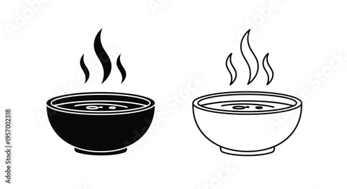 Two bowls of hot soup depicted in a stark black silhouette