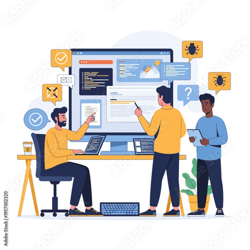 Software developers collaborating on a project with code on screen and bugs