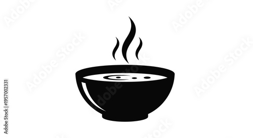 A steaming bowl of soup depicted in a stark black silhouette