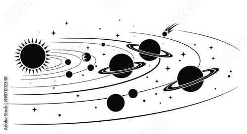 Planetary system with sun planets and rings depicted as a silhouette