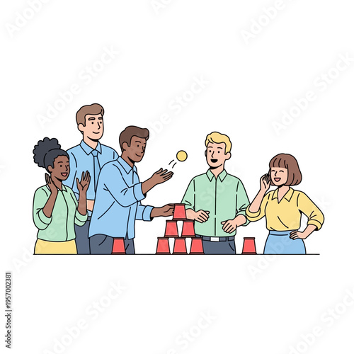 Diverse group of friends playing cup stacking game, fun activity, team building, party game