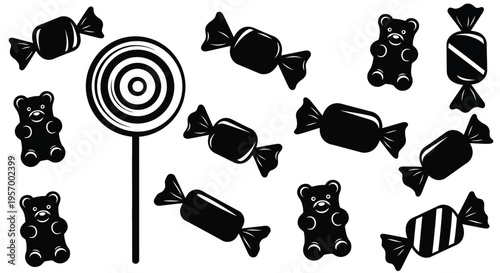 Black and white candies and lollipops in a striking silhouette