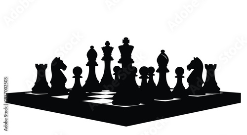 A black chess set arranged on a board dramatic silhouette