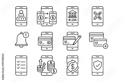 Illustrations of various mobile payment and banking functionalities