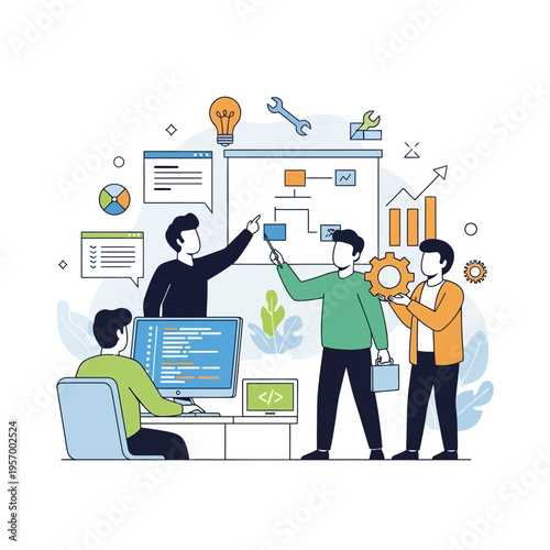Teamwork collaboration, business strategy planning, coding and development, flat illustration