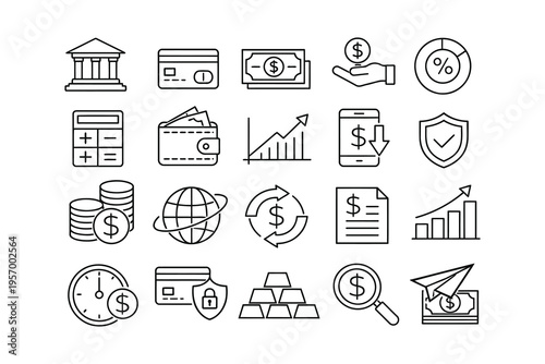 Comprehensive illustration of financial and economic icons