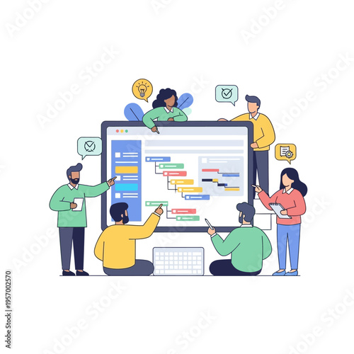 Teamwork project planning meeting, Gantt chart on screen, collaboration and strategy