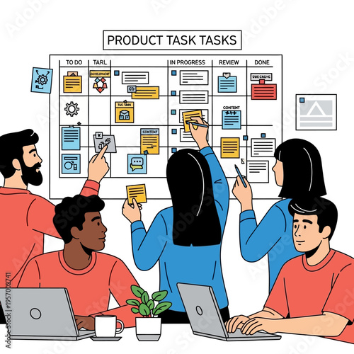 Agile team collaborating on Kanban board for project management