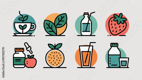 colorful icons of drinks and food and fruits and tea and milk and juice