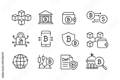 Illustrations depicting various aspects of blockchain and cryptocurrency technology